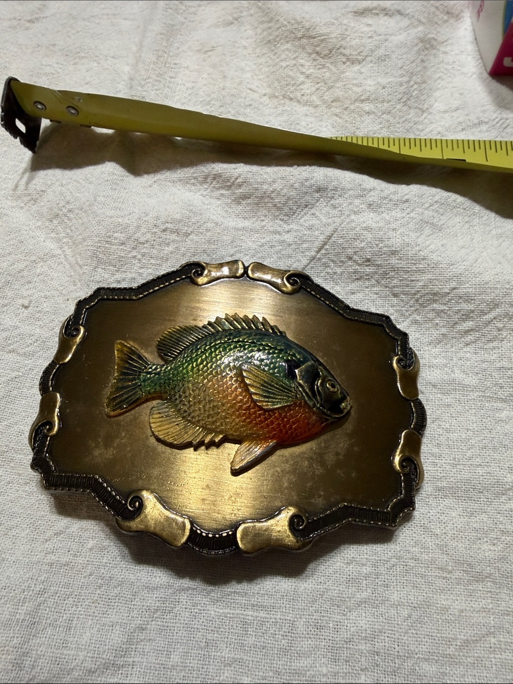 Nice brass enameled vintage fish belt buckle. 1978.